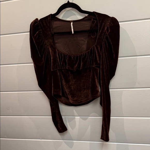 Free People Chocolate Velvet Puff Sleeve Blouse XS - Picture 2 of 5